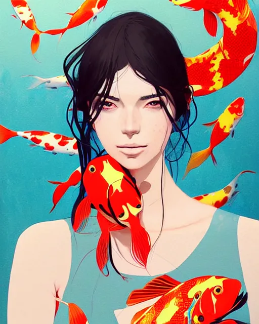 Image similar to a ultradetailed beautiful panting of a stylish woman surrounded by floating koi fish, by conrad roset, greg rutkowski and makoto shinkai, trending on artstation