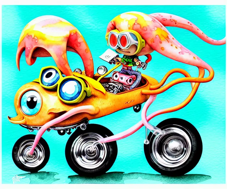 Image similar to cute and funny, squid wearing goggles riding in a tiny hot rod with oversized engine, ratfink style by ed roth, centered award winning watercolor pen illustration, isometric illustration by chihiro iwasaki, edited by range murata, tiny details by artgerm and watercolor girl, symmetrically isometrically centered