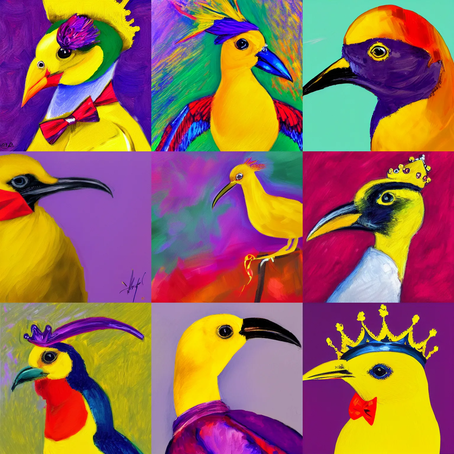 Prompt: a portrait of an elegant royal yellow bird wearing a crown and a red bow tie, purple background, impressionism, vibrant, colorful, sharp strokes, high quality