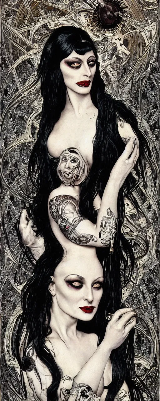 Prompt: striking sensual gorgeous grindcore art nouveau portrait of morticia addams as a goregrind death metal rebel by chris achilleos, giger, simon bisley and alphonse mucha, photorealism, extremely hyperdetailed, perfect symmetrical facial features, perfect anatomy, ornate declotage, weapons, circuitry, high technical detail, determined expression, piercing gaze