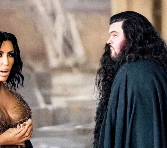 Prompt: a movie still of kim kardashian speaking to hagrid in the movie harry potter