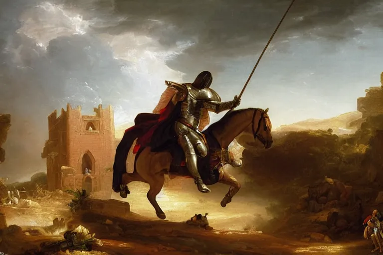 Image similar to an oil painting of a knight wearing plate armor entering a medieval church on a horse, 4 k, highly detailed, painted by thomas cole