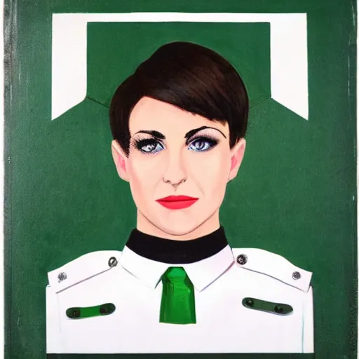 Image similar to brunette woman, short hair, flipped out hair, bright green eyes, fascist uniform, smirk