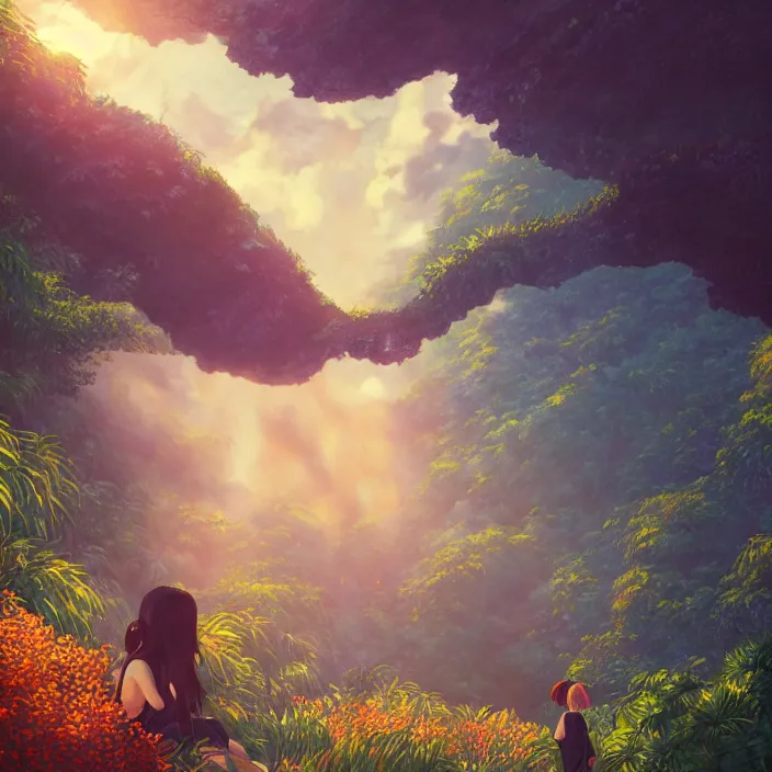 Image similar to an epic makoto shinkai and renoir landscape with a hawaiian waterfall, golden hour, 🌺, a beautiful woman with long brown hair, ultra smooth, octane render, lois van baarle, ilya kuvshinov