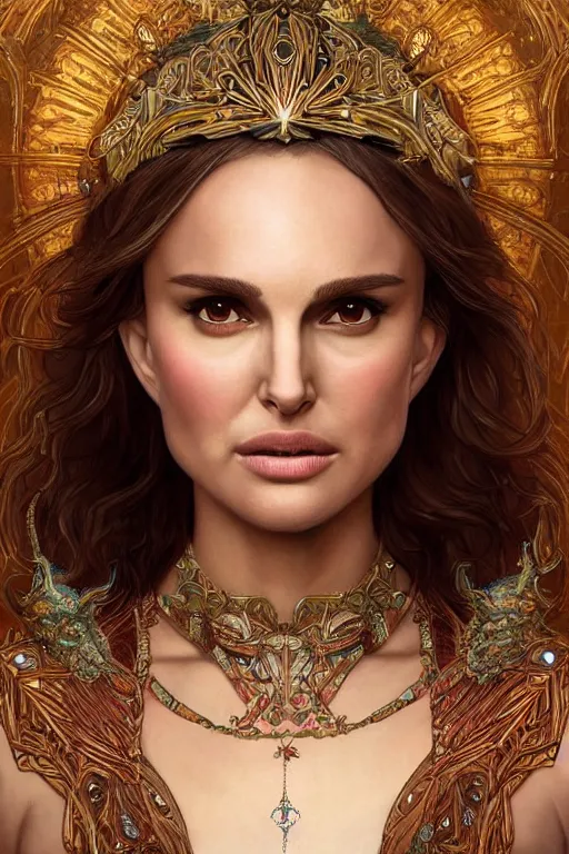 Image similar to Natalie Portman as a Goddess of the Universe, cute, fantasy, intricate, elegant, highly detailed, digital painting, 4k, HDR, concept art, smooth, sharp focus, illustration, art by artgerm and H R Giger and alphonse mucha