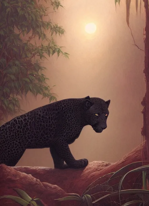 Image similar to a beautiful black jaguar walking in the jungle at night, art by christophe vacher