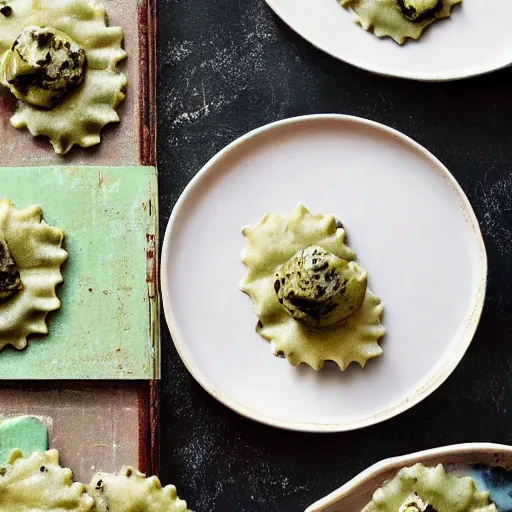 Prompt: photo of mint chocolate chip ravioli on a food magazine