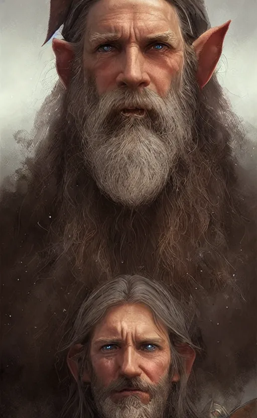 Image similar to Portrait of an elf in his 50s with a long beard and monacle, male, detailed face, fantasy, highly detailed, cinematic lighting, digital art painting by greg rutkowski