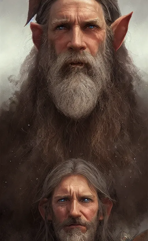 Prompt: Portrait of an elf in his 50s with a long beard and monacle, male, detailed face, fantasy, highly detailed, cinematic lighting, digital art painting by greg rutkowski