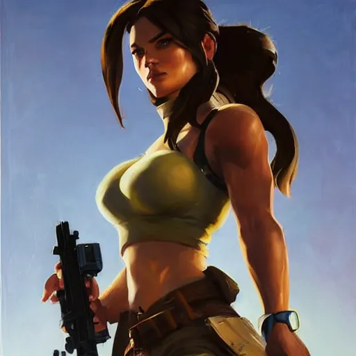 Image similar to greg manchess portrait painting of partially armored lara croft as overwatch character, close - up shot, asymmetrical, profile picture, organic painting, sunny day, matte painting, bold shapes, hard edges, street art, trending on artstation, by huang guangjian and gil elvgren and sachin teng