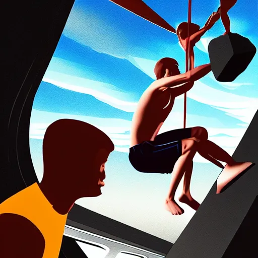 Image similar to a man is sitting in an airplane, watching his friends enjoy bouldering in a gym. award - winning digital artwork
