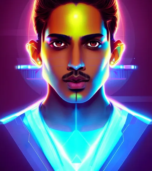 Image similar to symmetry!! indian prince of technology, solid cube of light, hard edges, product render retro - futuristic poster scifi, lasers and neon circuits, brown skin handsome indian prince, intricate, elegant, highly detailed, digital painting, artstation, concept art, smooth, sharp focus, illustration, dreamlike, art by artgerm