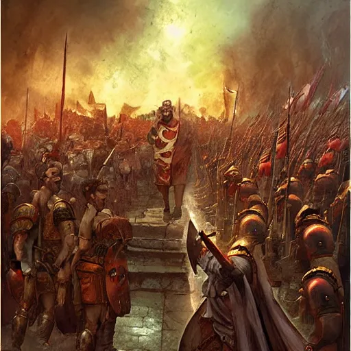 Prompt: Roman Emperor Constantine leading an army by Marc Simonetti