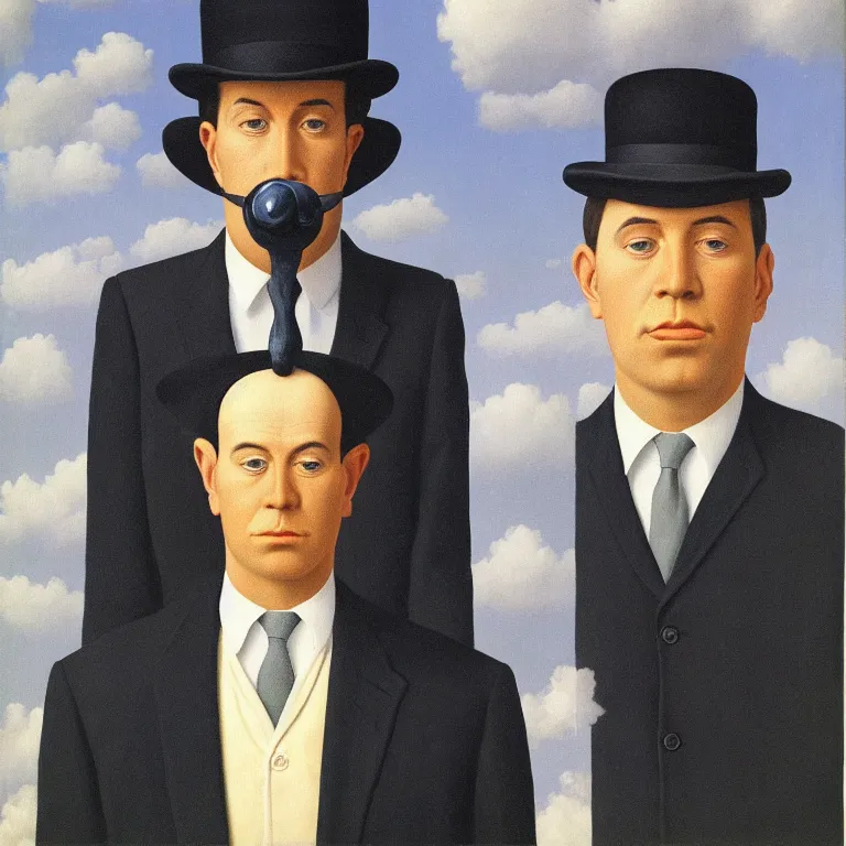 Prompt: portrait of a man in a suit, his face is fully made of clouds and he is wearing a hat, by rene magritte, detailed painting, hd, hq, high resolution, high detail, 4 k, 8 k