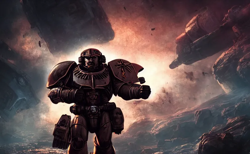 Image similar to gritty comic book cover, beautiful woman! space marine! standing atop rise, sunset lighting, war silhouette in background, hyper realism, realistic shading, cinematic composition, blender render, octane render, hdr, detailed textures, photorealistic, ultrawide shot, 1 6 mm lens