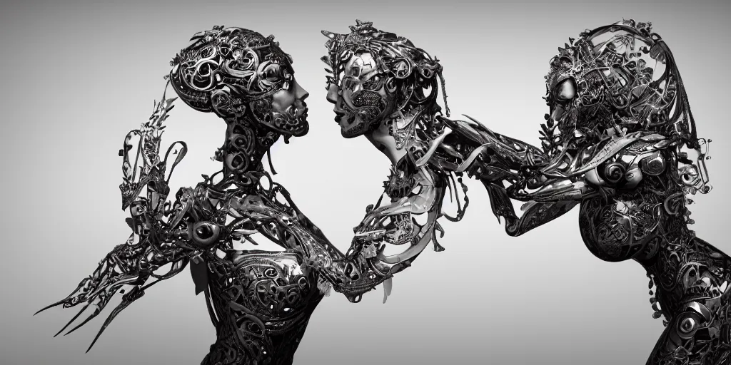 Image similar to hyper realistic photography of a stunningly cyborg female, intimate, holding hands, kissing, delicate fan of blades, in the style of beth cavener, jin kagetsu,, and wlop, highly detailed, intricate filigree, chrome face symmetry, masterpiece, award - winning, sharp focus, concept art, high key, ambient lighting, 8 k, octane render,