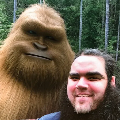 Image similar to a sasquatch and a human pose for a picture together, instagram post, selfie, well - lit