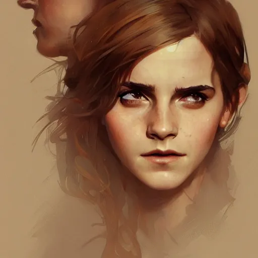 Image similar to Emma watson, Magic the Gathering art, expressive facial features, art by greg rutkowski and alphonse mucha, highly detailed, digital painting, matte painting, concept art, illustration, oppressive lighting, trending on artstation, very detailed