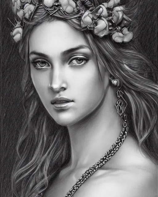 Prompt: pencil drawing of the very beautiful and sexy greek goddess aphrodite wearing a laurel wreath with arrowhead earrings, piercing eyes, sharp pupils, beautiful flowing hair, hyper realistic face, in the style of greg rutkowski, fantasy, amazing detail, epic, elegant, smooth, sharp focus, young