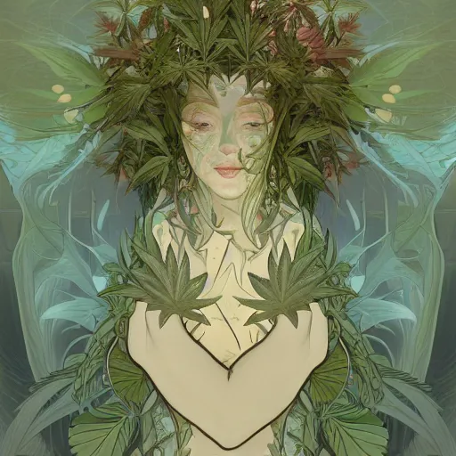 Image similar to a cannabis plant, bio vegetal concept art, by Peter Mohrbacher and Alphonse Mucha, chess, amazonia, detailed, style, 8k, trending on artstation, unreal engine 4k, detailed, clean background trending, full shot, symmetrical portrait, sophisticated, Unreal engine, dystopia, anti-utopia, post processing, psychadelic