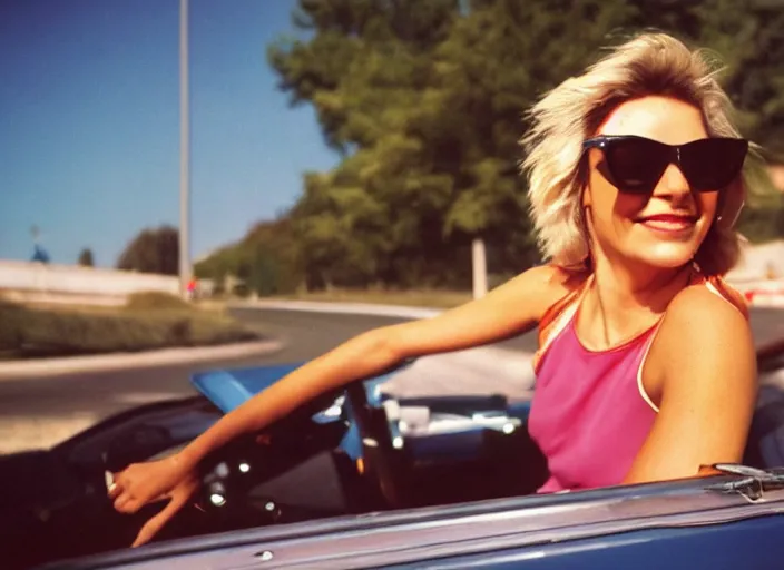 Prompt: color photo of a cool woman wearing sunglasses drinving a volkswagen cabriolet the 8 0's. blue sky in the background