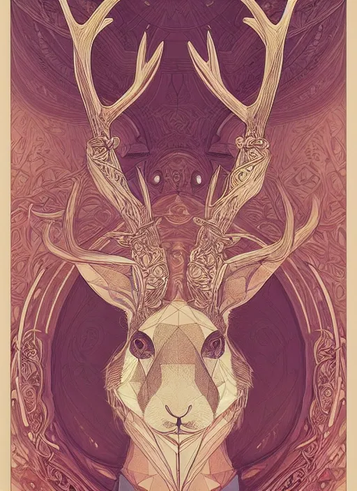 Image similar to Geometric Rabbit with antlers, intricate, elegant, highly detailed, digital painting, artstation, concept art, smooth, sharp focus, illustration, art by artgerm and greg rutkowski and alphonse mucha