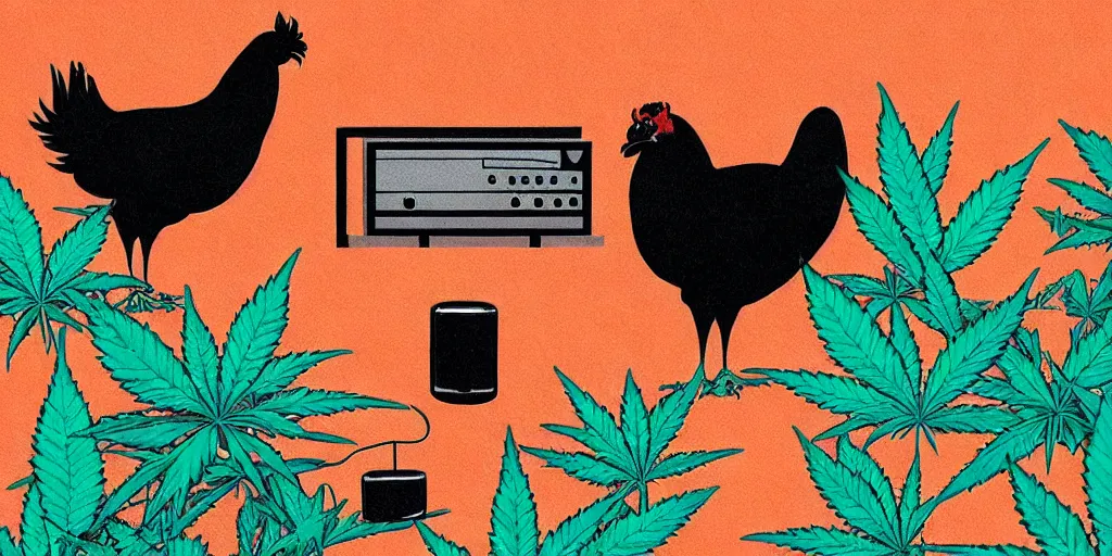 Image similar to 'black chicken'!!! smoking 'cannabis'!!!!!! in front of 'audio console'!!!! and 'multi monitors'!!!! 'in a hi-tech tv broadcasting studio'!!!!, artwork by James Gilleard