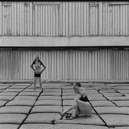 Prompt: thin, blonde women, lost on a labyrinth of concret building, photograph, HD, Minsk, 1995