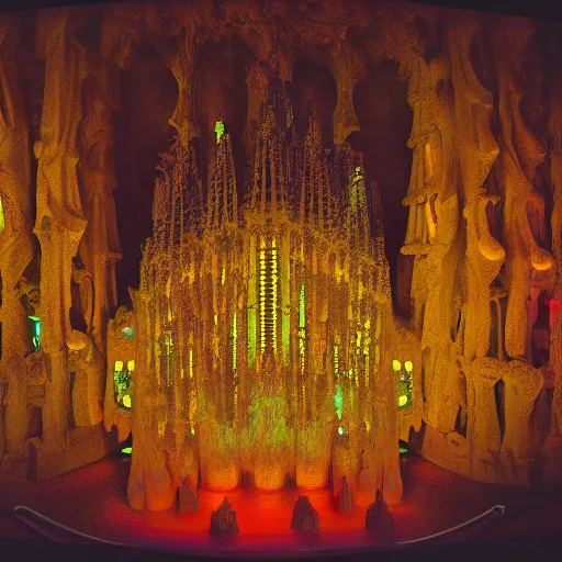 Prompt: glowing translucent theater stage in la sagrada familia, cyberpunk, dark room, science fiction magazine, cut up collage, 4 k close up, wide angle, polaroid 6 0 0