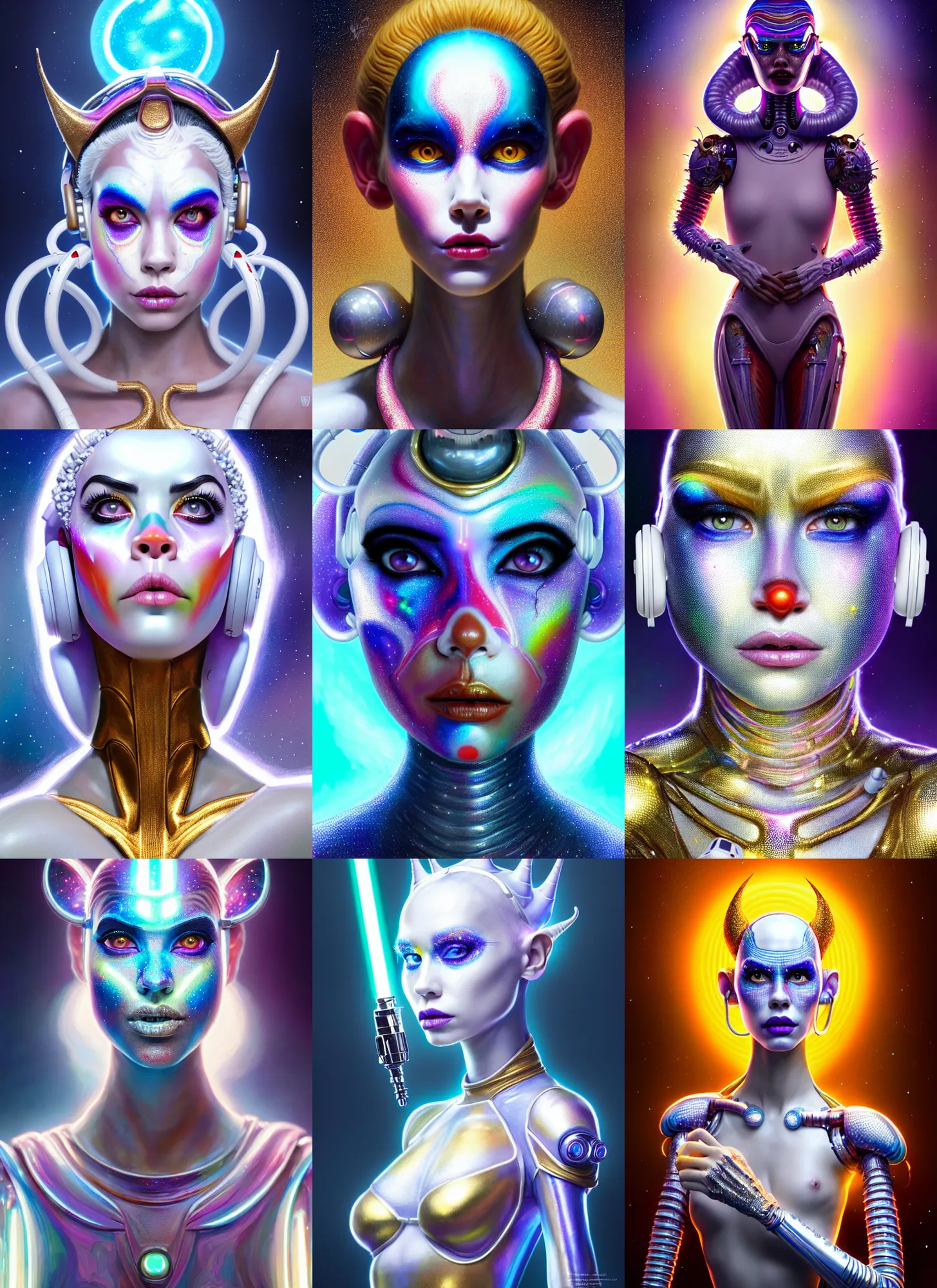 Prompt: bright white polished galactic gogo clowncore weta cyborg : : disney pixar star wars portrait, soft devil queen madison beer, bling airpods, hi - fructose, sci fi fantasy intricate decadent highly - detailed digital painting, golden ratio, octane render, artstation, concept art, smooth, sharp focus, illustration, artgerm, mucha, wlop