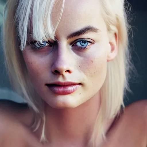 Prompt: photo of margot robbie, full platinum blond, no eyebrows, pale skin, freckle, by cig harvey, realistic, high detail, high quality, trending on pinteresst