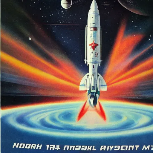 Prompt: [North Korean space mission, 1950 poster, very detailed, cinematic lighting, matte, sharp, photography]