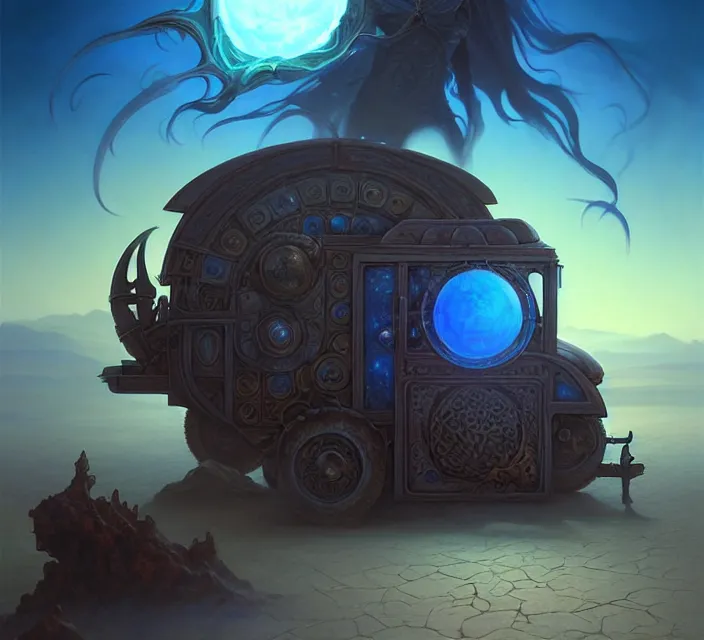 Image similar to subsurface scattering, a desert caravan rests at the blue oasis, the art of athas and dark sun, brom's dark sun art on a 7 0's style fantasy novel cover, digital painting by brom, amazingly detailed d & d art, concept art, intricate details, beautiful, volumetric lighting, ultrarealistic, cgsociety, square enix cinematic art