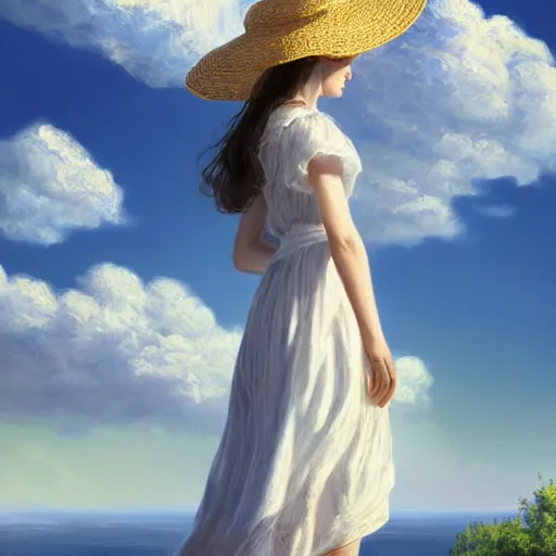 Image similar to girl in a white dress wearing sun straw hat looking at the bright blue sky with spiraling white sunny clouds digital art, highly detailed, intricate, by greg rutkowski, bright colours 8 k