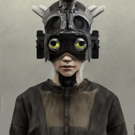 Prompt: japanese solarpunk curator in an art gallery with extremely detailed respirators and head gear, inspired by die antwoord beautiful, hand painted textures, cloth physics, deviantart, karol bak, masamune shirow, black and white, photorealistic, concept art, perfect render, 3 d render, pixar, 8 k