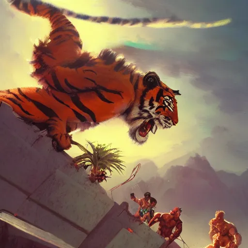 Image similar to shredded physique crisp defined Man Streetfighter Dude wearing Tiger Costume standing atop dumpster greg rutkowski greg danton tony sart raymond swanland chris foss chris cold christophe norman rockwell young acrylic 4k artstation wikiart wikipedia realism tilt-shift