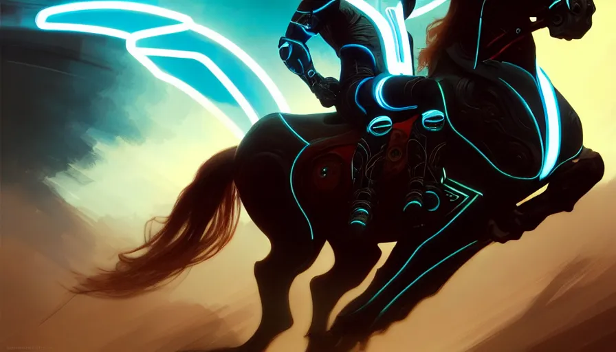 Prompt: tron legacy jesus riding cyborg horse, face, diffuse lighting, hyper realistic, concept art, intricate, hyper detailed, smooth, sharp focus, illustration, trending on artstation, art by greg rutkowski and james gurney and alphonse mucha