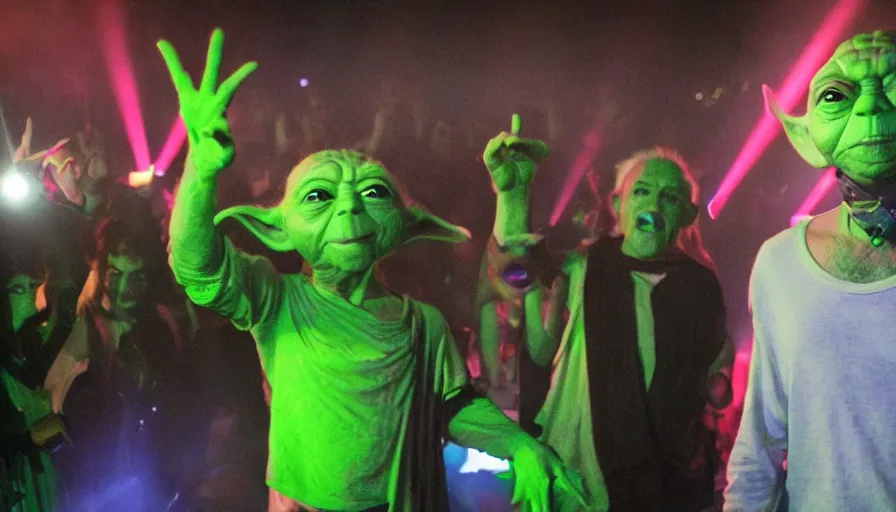 Image similar to Yoda in the nightclub, ibiza, rave