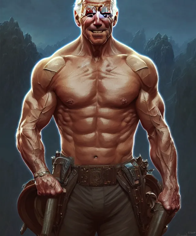 Image similar to muscular, heroic, ruggedly handsome Joe Biden, fantasy, intricate, elegant, highly detailed, digital painting, artstation, concept art, smooth, sharp focus, illustration, art by artgerm and greg rutkowski and alphonse mucha