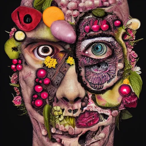 Prompt: expressionistic portrait of a zombie punk made out of fruit and flowers in the style of Arcimboldo, Baroque, photorealistic, pink crystal skin and hair, large eyes staring at viewer