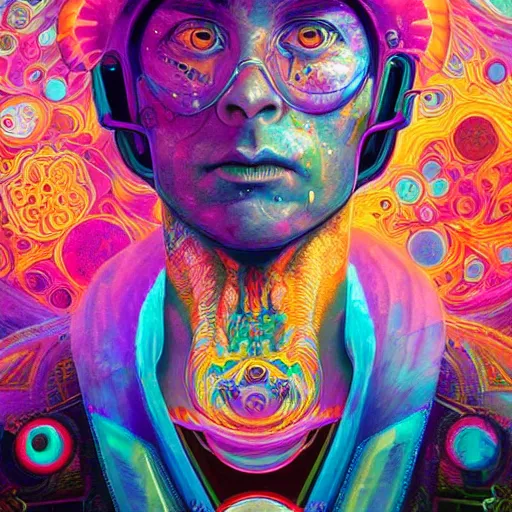 Image similar to An extremely psychedelic experience, colorful, surreal, dramatic lighting, cosmonaut, LSD, face, detailed, intricate, elegant, highly detailed, digital painting, artstation, concept art, smooth, sharp focus, illustration, art by Sam Spratt, Dan Mumford, Artem Demura and Alphonse Mucha