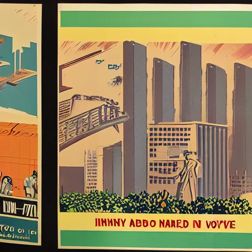 Image similar to 1930s poster of an infinite 70s office view from the bottom and some workers