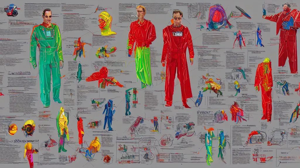 Image similar to colorful and vivid highly detailed character sheet for a space industrialist based on howard hughes, in art deco robes, science fiction, michael whelan, wayne barlow, science fiction, 1 9 8 0 s sci fi, retrofuture, high contrast, illustration, digital art, trending on artstation, hd, 8 k, good lighting, beautiful, rough paper, masterpiece