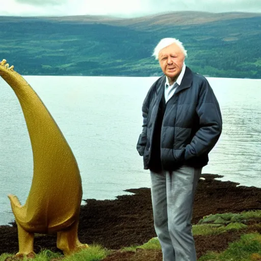 Prompt: Sir David Attenborough at Loch Ness looking at the Loch Ness Monster