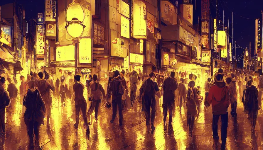 Image similar to Digital painting of cat walking in the crowded and lighted streets of Osaka at night, hyperdetailed, artstation, cgsociety, 8k