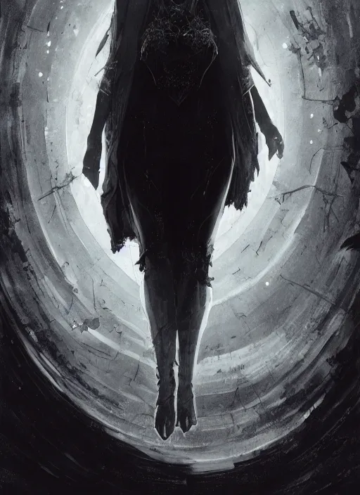 Prompt: at the top of the composition is a symmetrical centered portrait of Anna Millerstone as a Dark evil witch, big moon in the background, at the bottom of the composition is grey space, dramatic lighting, book cover illustration by Greg rutkowski, yoji shinkawa, 4k, digital art, concept art, trending on artstation, golden silver elements, empty grey space at the top, flower elements