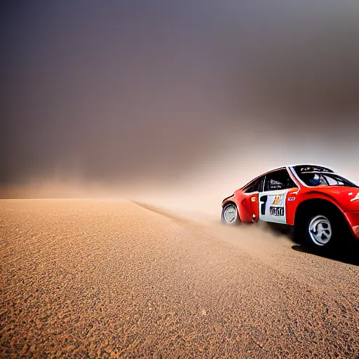 Prompt: a 70's porche rally car racing in front of a dust storm, a haboob is in the background with lightning bolts striking the dubai desert dunes. sun shines down on the car, there is a magical ambiance in the air