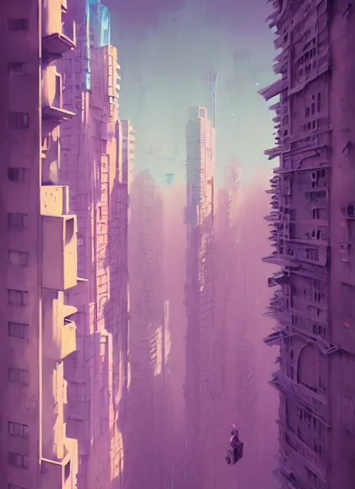 Image similar to highly detailed matte painting, of a 3 d calligraphy graffiti tag city highrise buildings, by atey ghailan, by greg rutkowski, by greg tocchini, by james gilleard, by joe fenton, by kaethe butcher, pink, brown, light blue and white mystical color scheme, grunge aesthetic, octane render