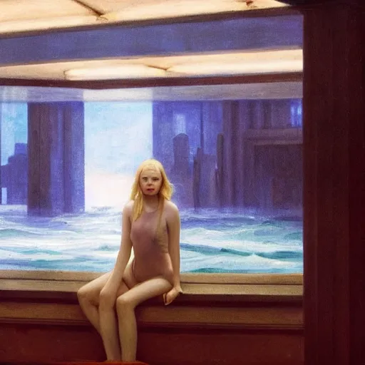 Prompt: Elle Fanning in an underwater city in the world of Edward Hopper, stormy sea, extremely detailed masterpiece, oil on canvas, low-key neon lighting, artstation, Blade Runner 2049, Roger Deakin’s cinematography, by J. C. Leyendecker and Peter Paul Rubens,