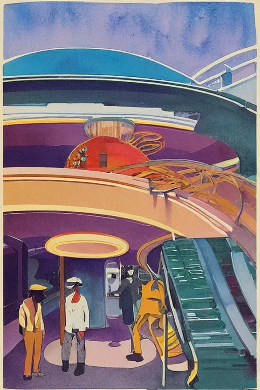 Prompt: a 70s impressionist watercolor of a retro 70s sci-fi psychedelic underground train station by Syd Mead and by Gail Brodholt, by Wes Anderson, spiraling design